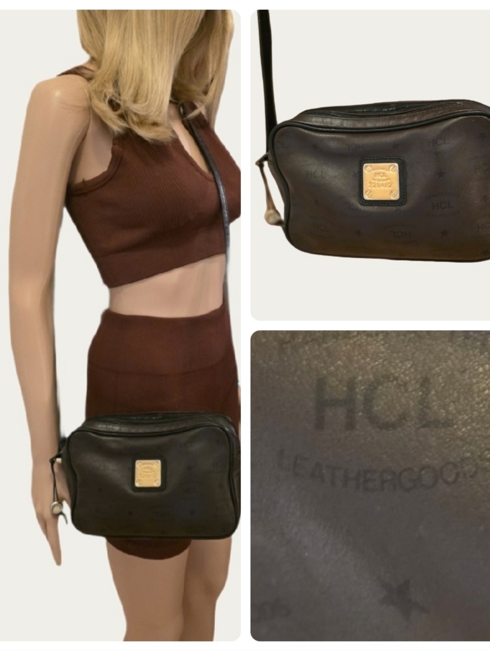 Vintage HCL Handcrafted Leather Brown Monogram Crossbody/ Shoulder Bag